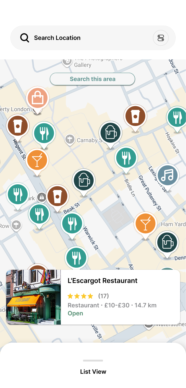 Dogs Out app showing map of dog-friendly places in London